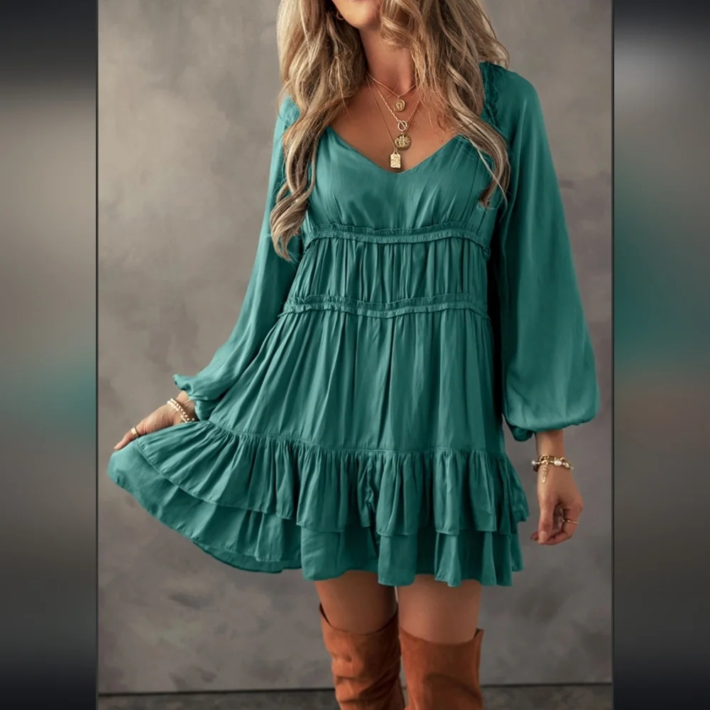 Teal Ruffle Babydoll Mini Dress - Picture 3 of 6